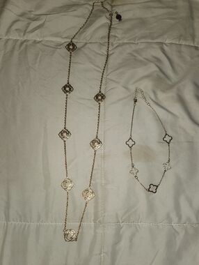 Gold Floral Long Necklace and Clover Link Bracelet Set - Women Jewelry
